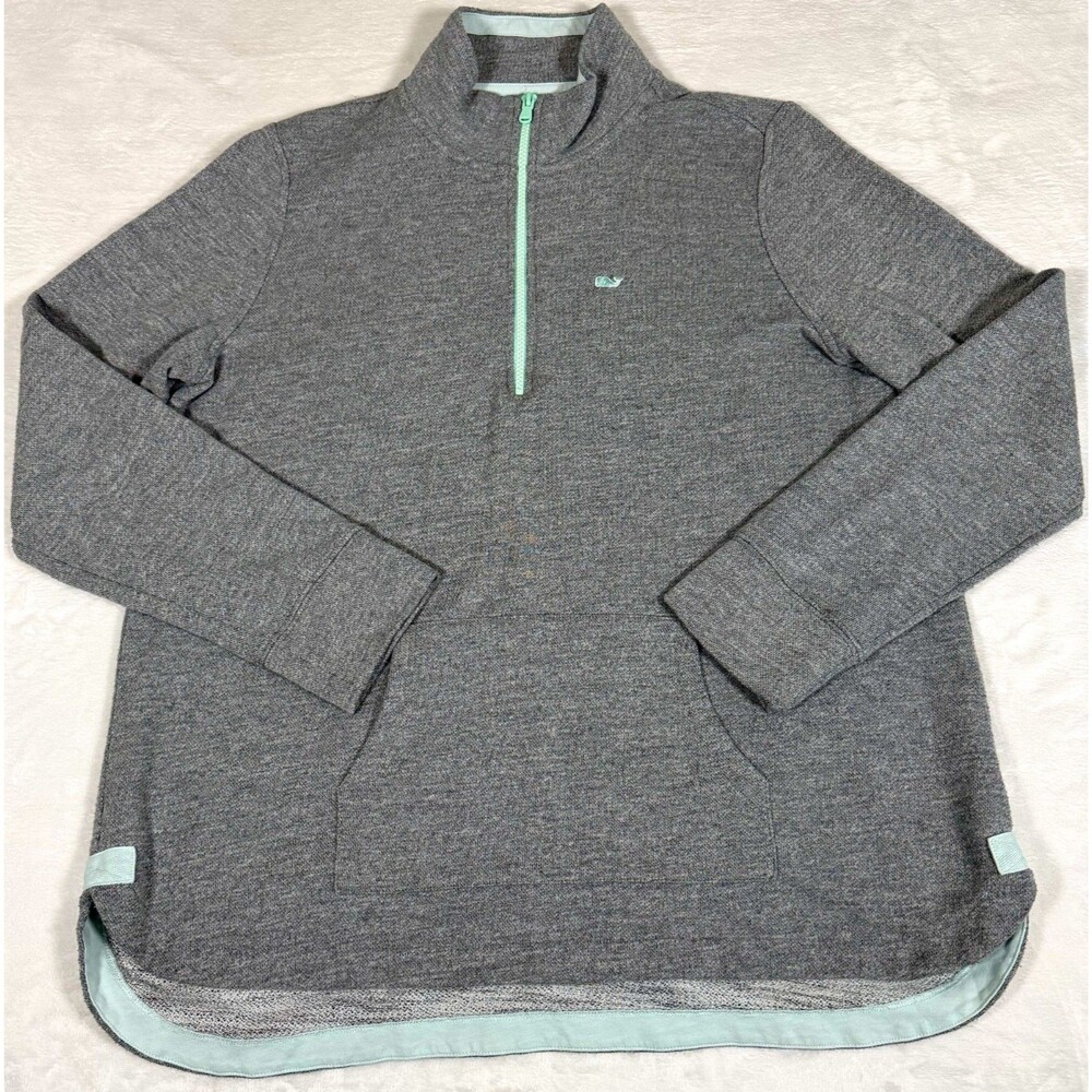 Vineyard Vines Womens L 1/4 Zip Pullover Oversized Gray Pouch Pocket Sweatshirt - Picture 1 of 5